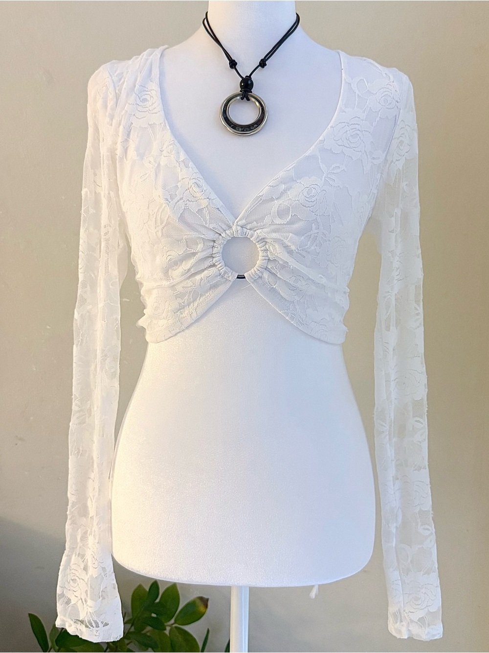 Rainbow White Lace Ring-Center Long Sleeve Crop Top